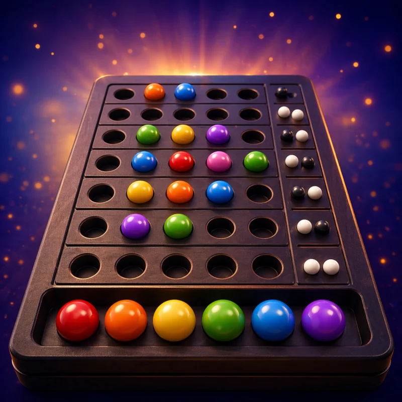 Mastermind en ligne : plateau avec pions colorés et code secret à deviner